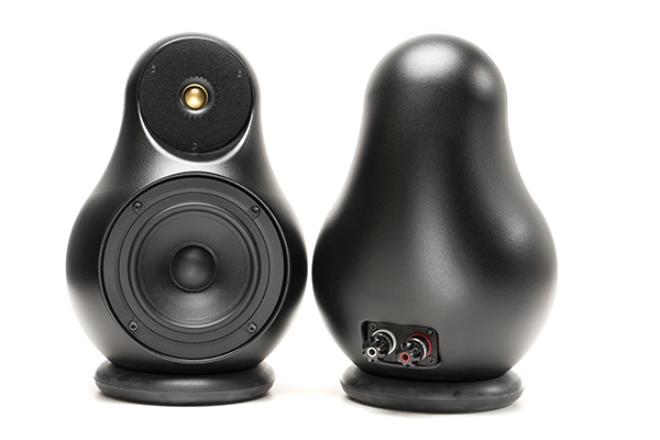 A pair of Jern cast-iron compact speakers in black, one from the front showing the drivers, one from the back