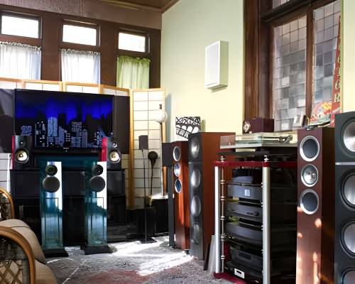 Showroom room with floor-standing speakers, turntable rack and a TV between leaded windows